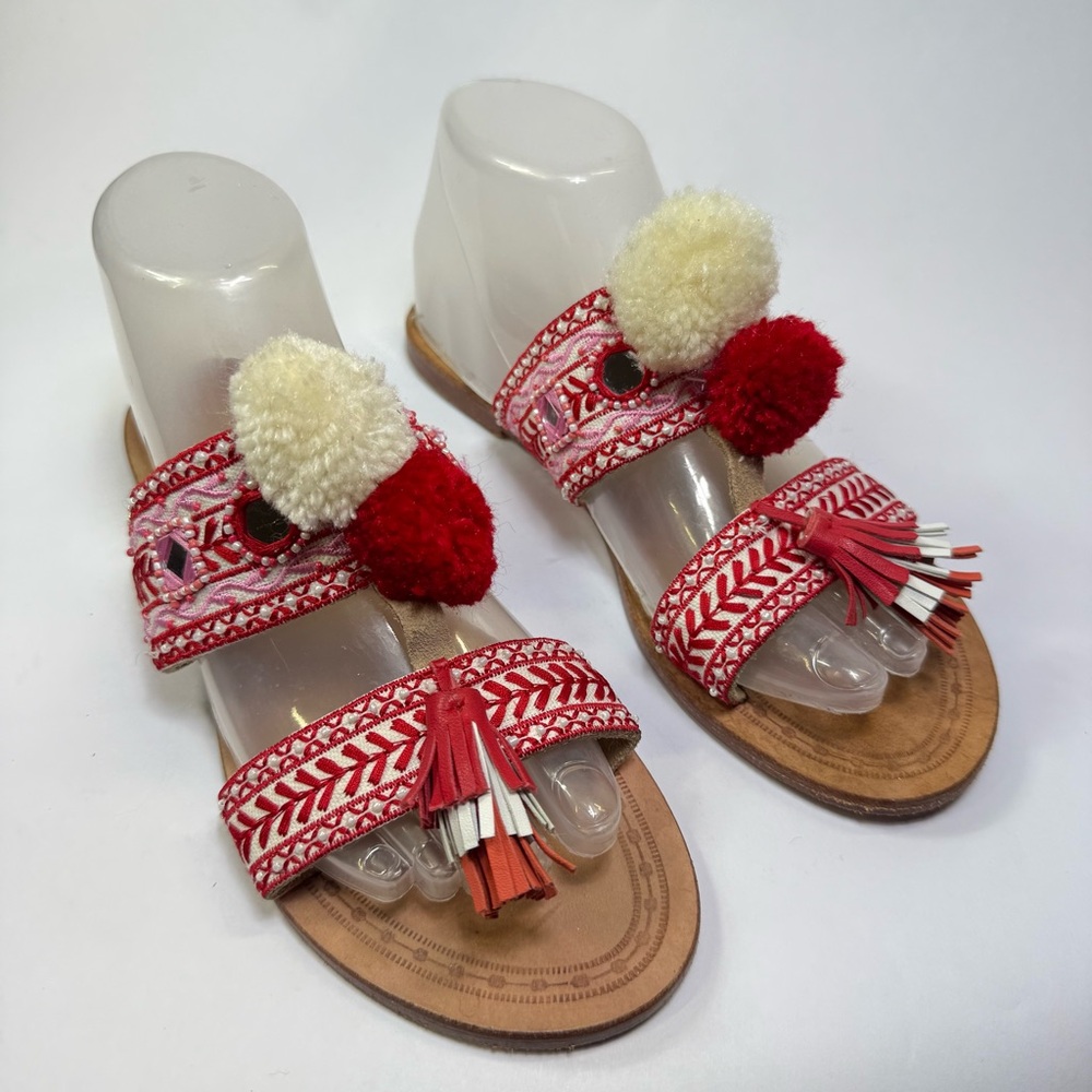 Anthropologie Red & Cream Pom-Pom Embellished Slide Sandals size 38